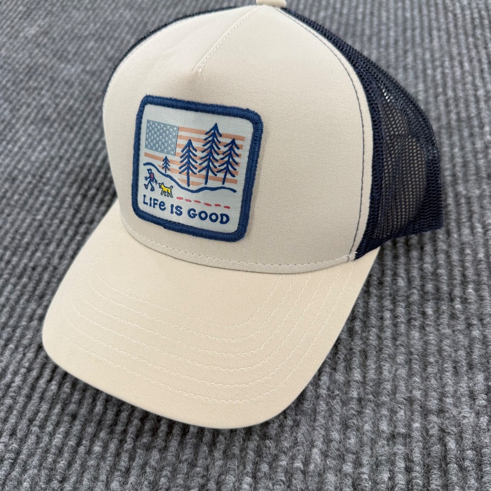 Life Is Good Mens Tan Navy Blue Trucker Hat Mesh American Flag Patch Snapback